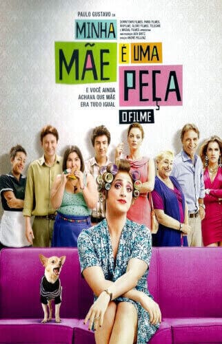 Capa do filme Minha mãe é uma peça, onde se encontra a personagem Dona Ermínia sentada em um poltrona, com um telefone na orelha e o pe em uma bacia de confete